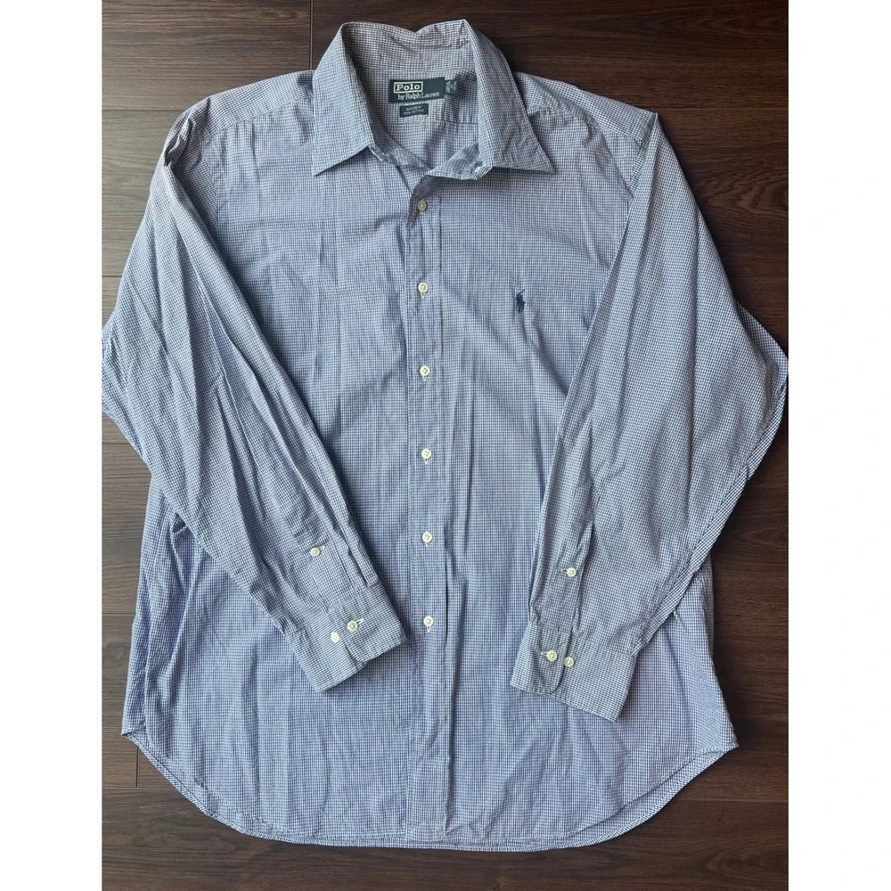 Polo Ralph Lauren Andrew Shirt Mens 17 34/35 Blue Gingham Cotton Button Down